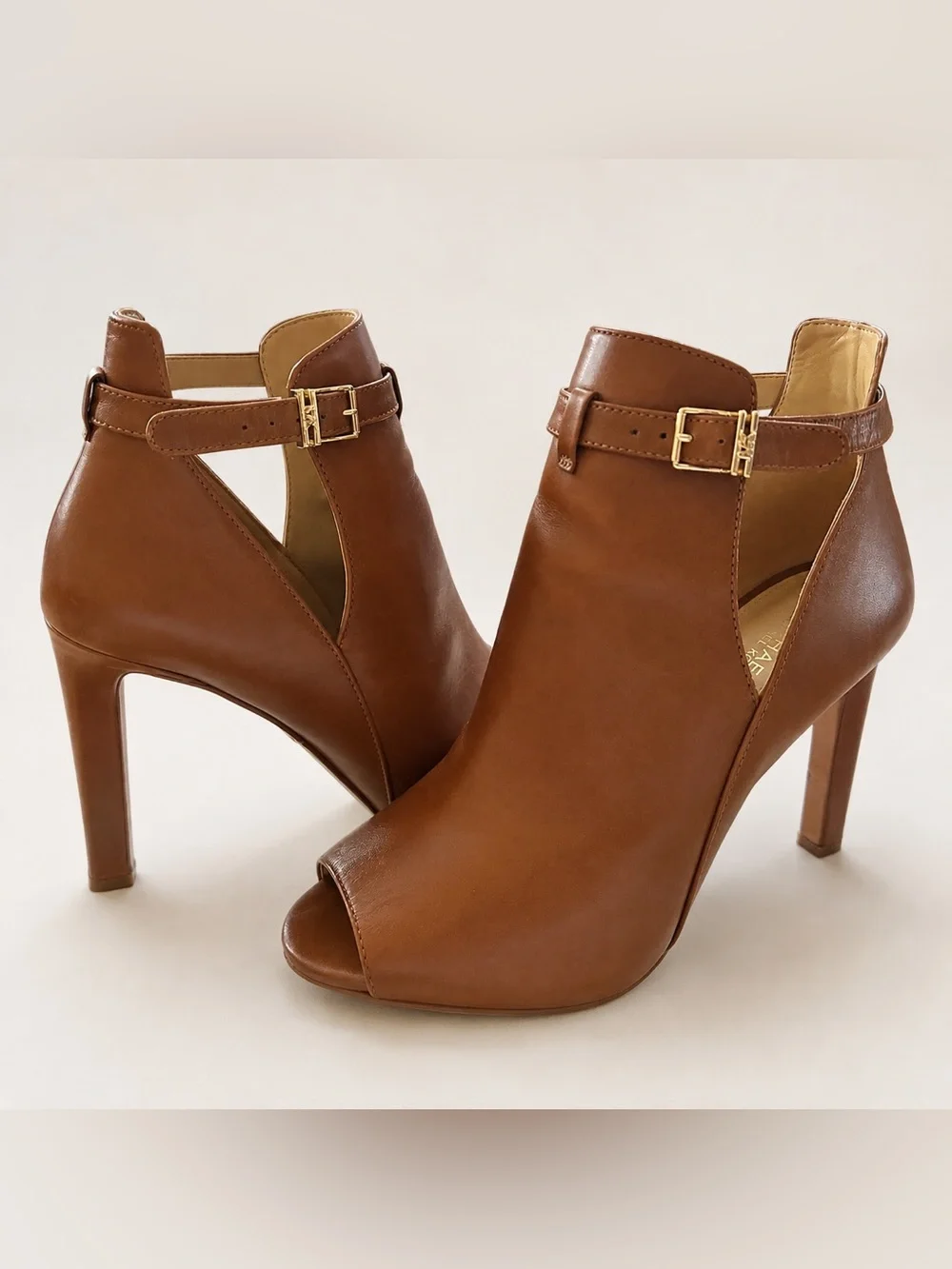 Michael Kors Lawson Open Toe Heeled Booties Brown Leather Size 7.5